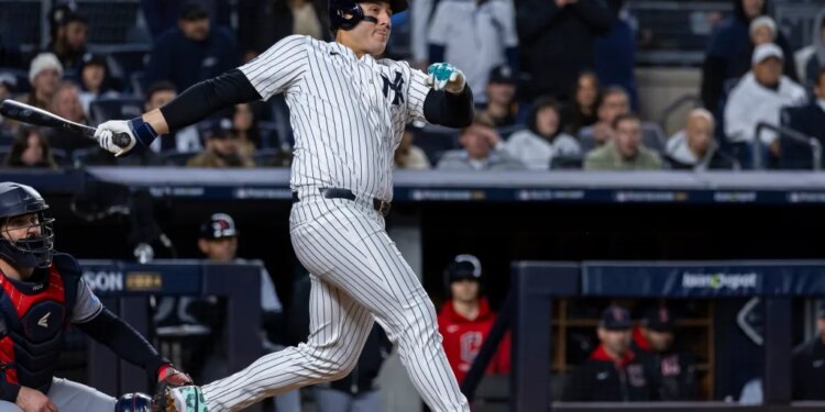 New York Yankeesâ Anthony Rizzo (48) hits an RBI double scoring  Anthony Volpe (11) in the sixth inning of game two of the ALCS against the Cleveland Guardians at Yankee Stadium, Tuesday, Oct. 15, 2024, in Bronx, NY. (Corey Sipkin for the NY POST Photo/Corey Sipkin)
New York Yankees vs. Cleveland Guardians, ALCS