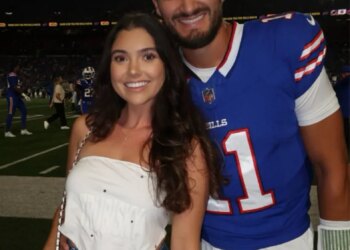 Buffalo Bills backup quarterback Mitch Trubisky and his wife, Hillary Trubisky, during the 2025 NFL season.