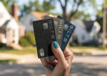 A hand holding three Bilt credit cards in black, silver, and blue, against a blurred suburban background.