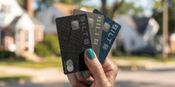 A hand holding three Bilt credit cards in black, silver, and blue, against a blurred suburban background.