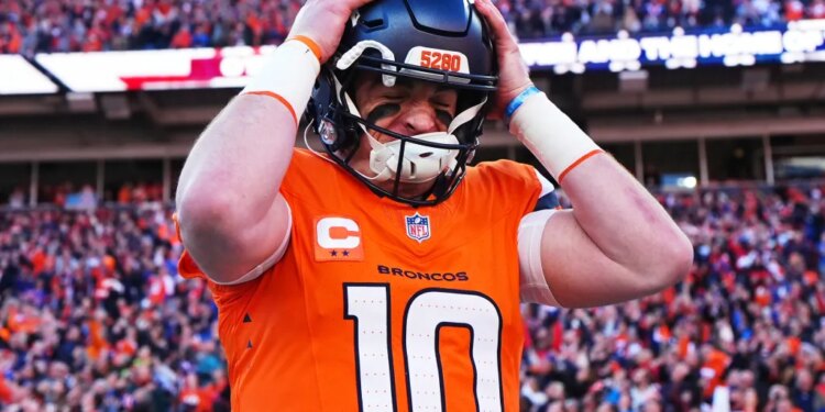 Denver Broncos quarterback Bo Nix wearing an orange jersey with the number 10, putting on his helmet with "5280" written on it.