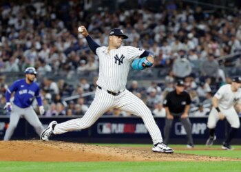 Fernando Cruz throws a pitch during the third inning of Game three of the ALDS against the Toronto Blue Jays in the Bronx, New York, October 07 2025.