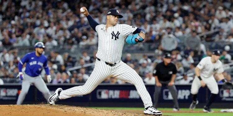 Fernando Cruz throws a pitch during the third inning of Game three of the ALDS against the Toronto Blue Jays in the Bronx, New York, October 07 2025.