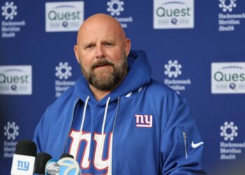 New York Giants coach Brian Daboll speaking at a press conference.