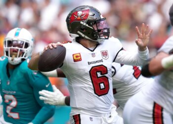 Buccaneers quarterback Kyle Trask (6) prepares to throw the football.