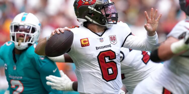 Buccaneers quarterback Kyle Trask (6) prepares to throw the football.