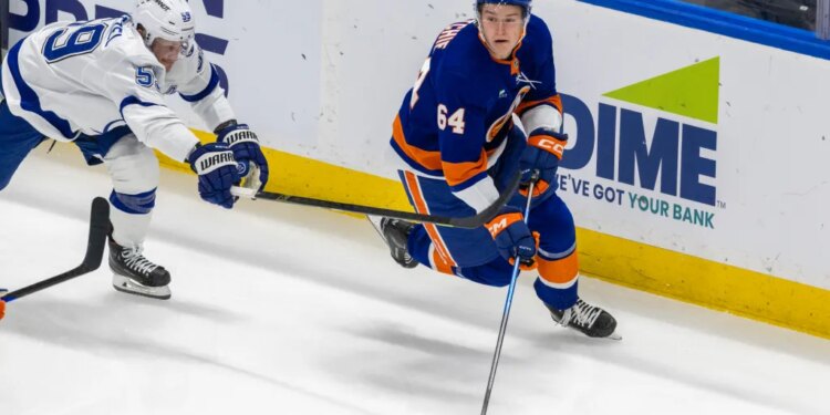 New York Islanders center Calum Ritchie (64) moves the puck down ice as Tampa Bay Lightning center Jake Guentzel (59) tries to defend during the third period at UBS Arena, Saturday, Dec. 13, 2025, in Elmont, NY.