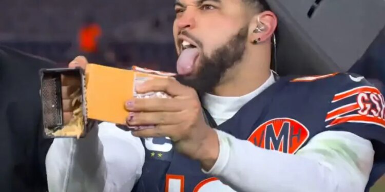 Caleb Williams reacts after the Bears defeated the Packers in the playoffs on Jan. 11.