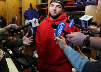 New York Giants running back Cam Skattebo speaking to the media as the Giants players were cleaning out their lockers at the New York Giants training facility in East Rutherford, New Jersey.