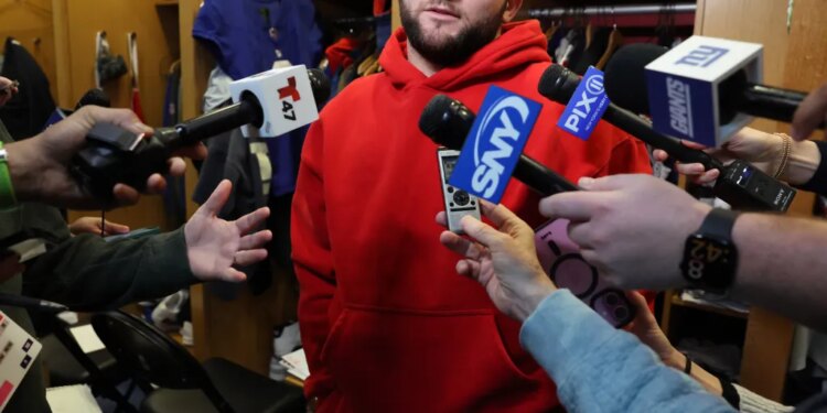 New York Giants running back Cam Skattebo speaking to the media as the Giants players were cleaning out their lockers at the New York Giants training facility in East Rutherford, New Jersey.