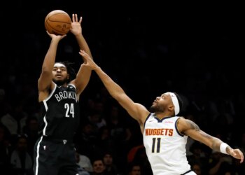 Brooklyn Nets puts up a shot as Bruce Brown #11 of the Denver Nuggets jumps to defend in the second half. The Brooklyn Nets defeat the Denver Nuggets at the Barclays Center in Brooklyn, New York, Sunday, January 04, 2026.