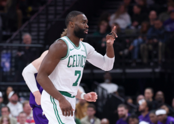 Boston Celtics guard Jaylen Brown (7) reacts after a play against the Utah Jazz.