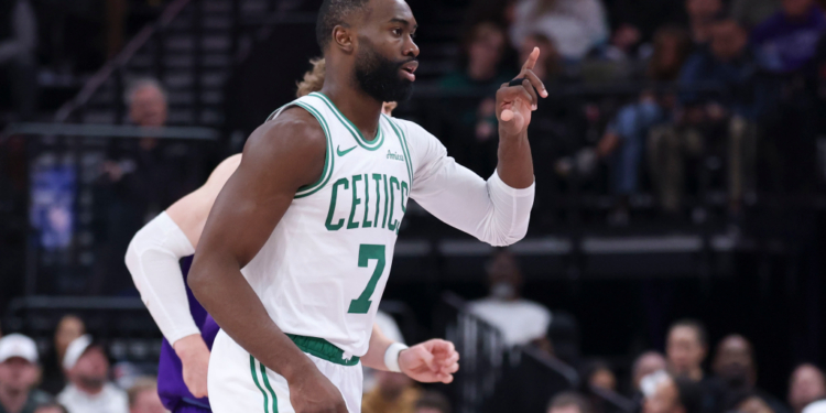Boston Celtics guard Jaylen Brown (7) reacts after a play against the Utah Jazz.