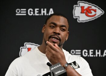 Chris Jones, defensive tackle for the Kansas City Chiefs, speaks during a press conference.