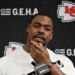 Chris Jones, defensive tackle for the Kansas City Chiefs, speaks during a press conference.