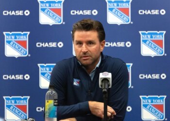 New York Rangers GM Chris Drury during a press conference.