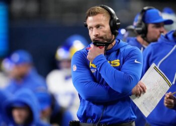 Los Angeles Rams head coach Sean McVay watches from the sideline during the second half of the NFC Championship NFL football game against the Seattle Seahawks, Sunday, Jan. 25, 2026,