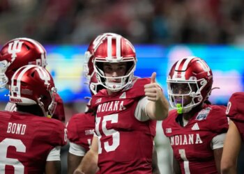 Indiana quarterback Fernando Mendoza reacts during the second half of the Peach Bowl.
