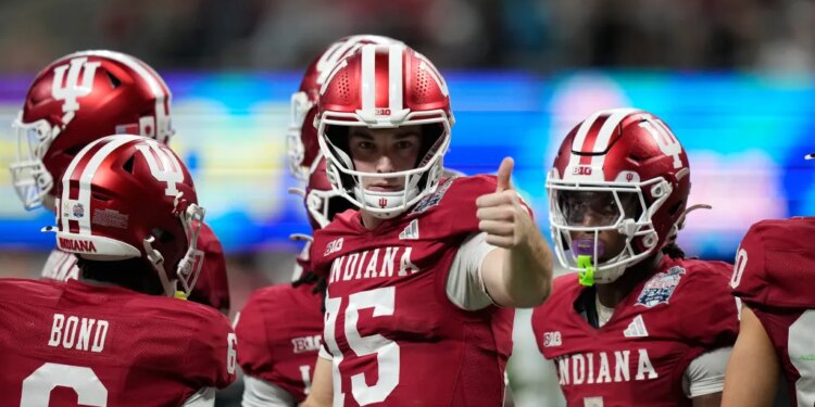 Indiana quarterback Fernando Mendoza reacts during the second half of the Peach Bowl.