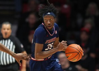 A Fresno State basketball player in a blue jersey with number 35 dribbles the ball.