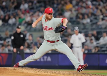 Philadelphia Phillies relief pitcher Craig Kimbrel #31 closes out the 9th inning.