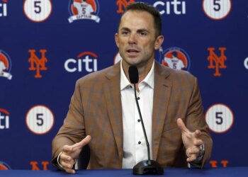 Mets great David Wright talks to the media before his number retirement ceremony on July 19, 2025.