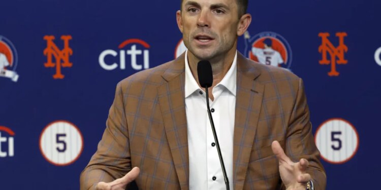 Mets great David Wright talks to the media before his number retirement ceremony on July 19, 2025.
