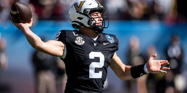 Vanderbilt quarterback Diego Pavia (2) throws a pass during the 2025 ReliaQuest Bowl game between the Vanderbilt Commodores and the Iowa Hawkeyes at Raymond James Stadium in Tampa, Fla., on Wednesday, December 31, 2025.