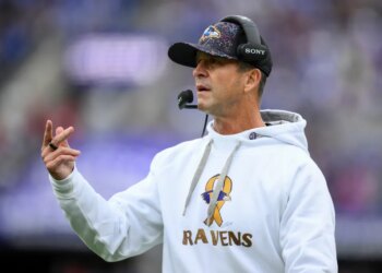 Baltimore Ravens head coach John Harbaugh reacts after a play against the Los Angeles Rams during the first half of an NFL football game Sunday, Oct. 12, 2025, in Baltimore.
