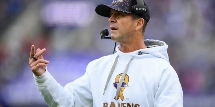 Baltimore Ravens head coach John Harbaugh reacts after a play against the Los Angeles Rams during the first half of an NFL football game Sunday, Oct. 12, 2025, in Baltimore.