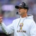 Baltimore Ravens head coach John Harbaugh reacts after a play against the Los Angeles Rams during the first half of an NFL football game Sunday, Oct. 12, 2025, in Baltimore.