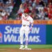 Philadelphia Phillies player Harrison Bader celebrates hitting a double.