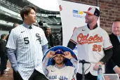 An image collage containing 3 images, Image 1 shows Munetaka Murakami #5 of the Chicago White Sox takes the field for the first time after signing his first Major League Baseball contract at Rate Field on December 22, 2025 in Chicago, Illinois, Image 2 shows Newly signed Baltimore Orioles first baseman Pete Alonso (25) shakes hands with Orioles president of baseball operations Mike Elias, as Orioles owner David Rubenstein, left, and sports agent Scott Boras, right, look on during a baseball press conference, Friday, Dec. 12, 2025, in Baltimore, Image 3 shows Dylan Cease, pitcher for the Toronto Blue Jays adjusts his cap during a news conference at the Major League Baseball's winter meetings, Tuesday, Dec. 9, 2025, in Orlando, Fla