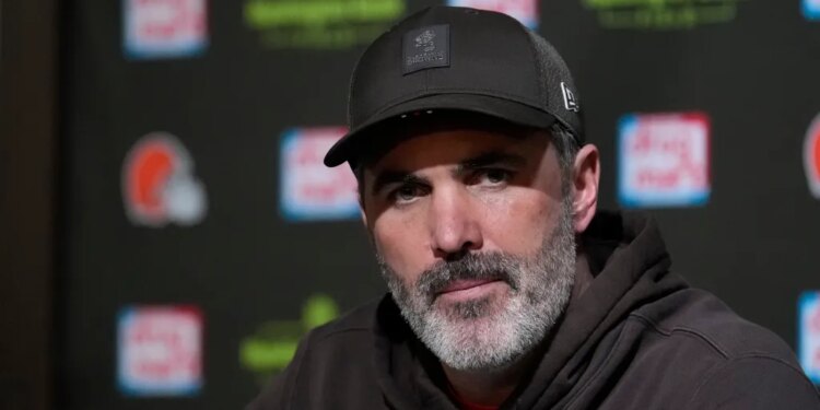 Cleveland Browns head coach Kevin Stefanski speaking during a news conference.