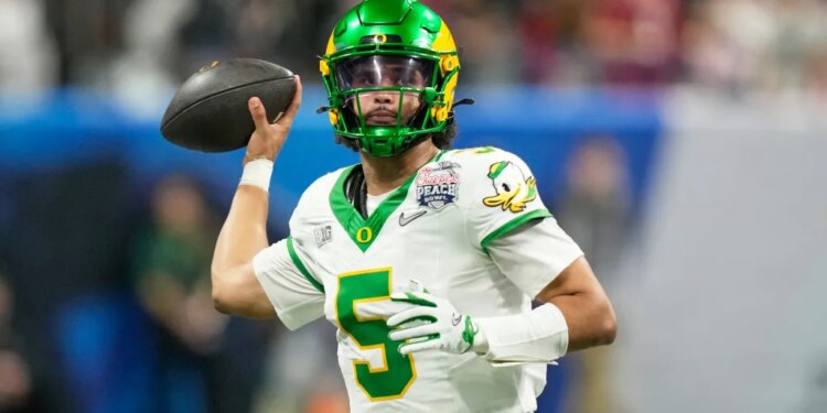 A football player in a green and white uniform, wearing a green helmet, holding a football.