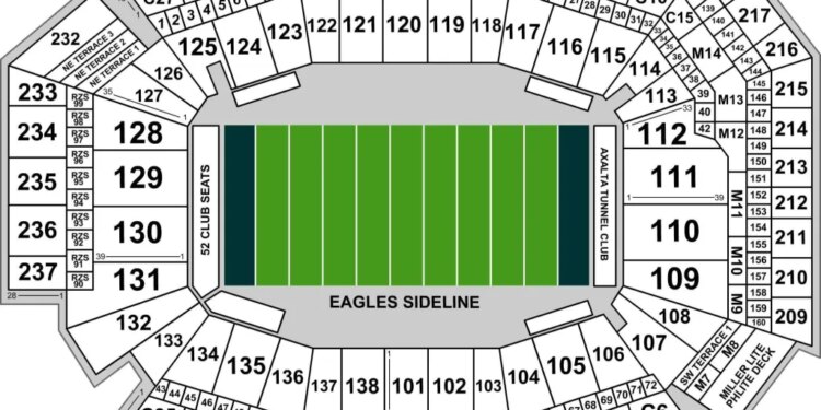 A map of the Philadelphia Eagles' Lincoln Financial Field can be seen here.