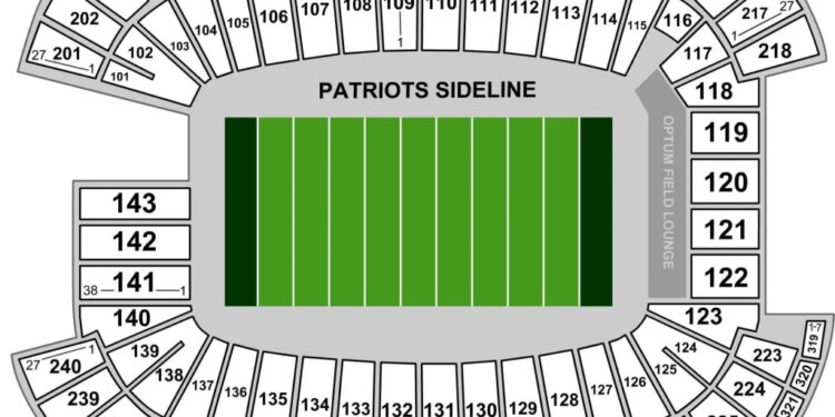A map of Foxborough, MA's Gillette Stadium.