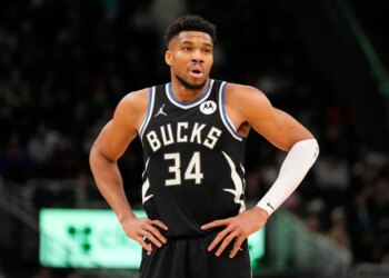 Milwaukee Bucks forward Giannis Antetokounmpo (34) looks on during the second quarter against the Denver Nuggets at Fiserv Forum on January 23, 2026.
