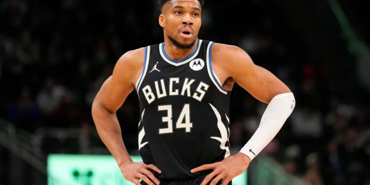 Milwaukee Bucks forward Giannis Antetokounmpo (34) looks on during the second quarter against the Denver Nuggets at Fiserv Forum on January 23, 2026.