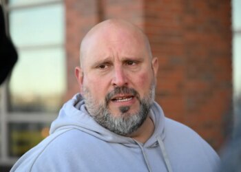 Giants offensive line coach Carmen Bricillo speaks to the media.