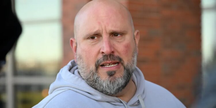 Giants offensive line coach Carmen Bricillo speaks to the media.