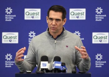 General Manager Joe Schoen speaking at a press conference.