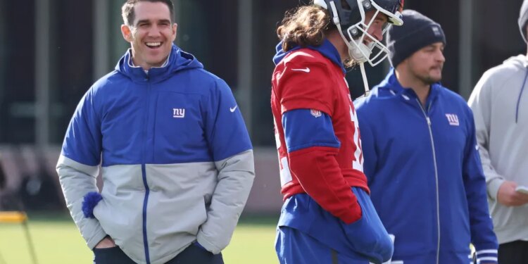 Joe Schoen and Jamie Gillan at New York Giants practice.