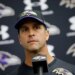 John Harbaugh, head coach for the Baltimore Ravens, speaks at a news conference.