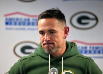 Green Bay Packers head coach Matt LaFleur speaking at a press conference.