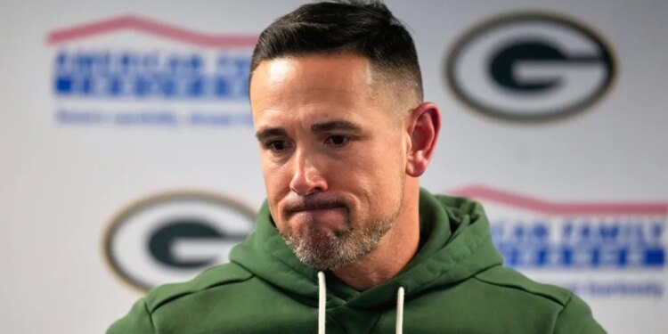 Green Bay Packers head coach Matt LaFleur speaking at a press conference.