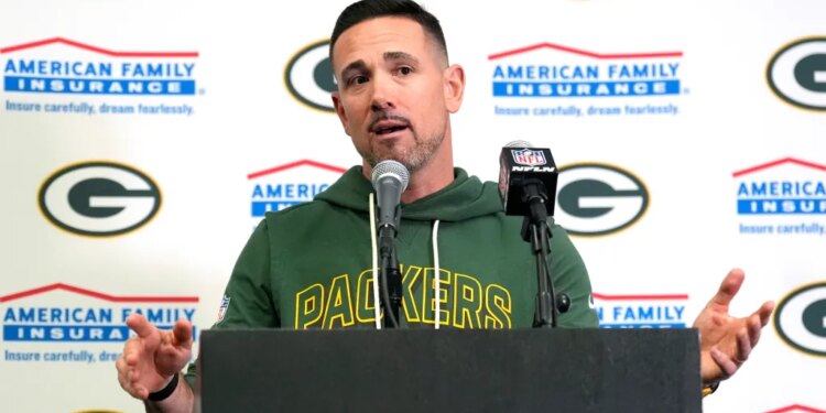 Green Bay Packers head coach Matt LaFleur at a news conference.