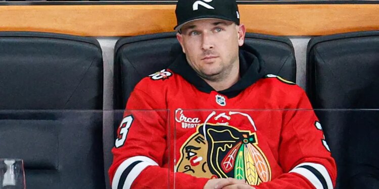 Alex Bregman watching an NHL game between the Chicago Blackhawks and Edmonton Oilers.