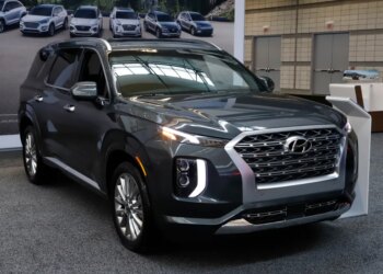 This is a 2020 Hyundai Palisade on display at the 2020 Pittsburgh International Auto Show Thursday, Feb.13, 2020 in Pittsburgh.