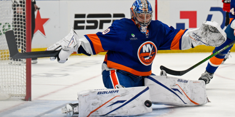 Ilya Sorokin makes one of his 44 saves during the Islanders' 9-0 blowout win over the Devils on Jan. 6, 2025 at UBS Arena.
